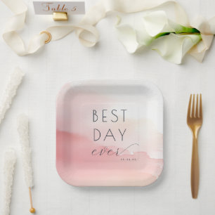 Freudige rosa Wasserfarben-Hochzeitsteller Pappteller