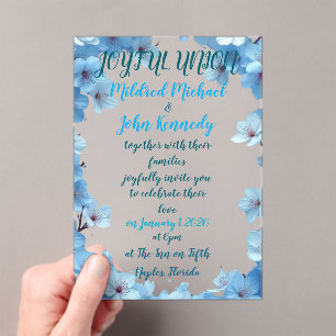 freudige Vereinigung Hochzeitseinladung mit blaue Acryleinladungen
