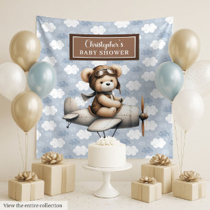 Freudiger Teddybär-Pilot-Baby-Shower-Fotobanner Wandteppich
