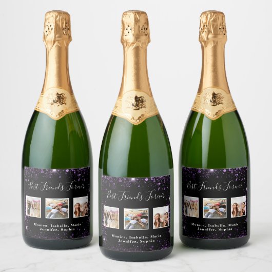 Freunde für immer Foto schwarzer lila Glitzer Schaumweinetikett (Flaschen)