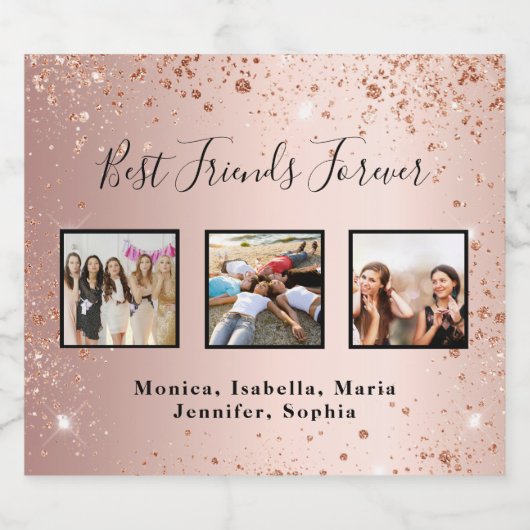Freunde für immer Rose Gold Glitzer Foto Schaumweinetikett (Einzelnes Label)