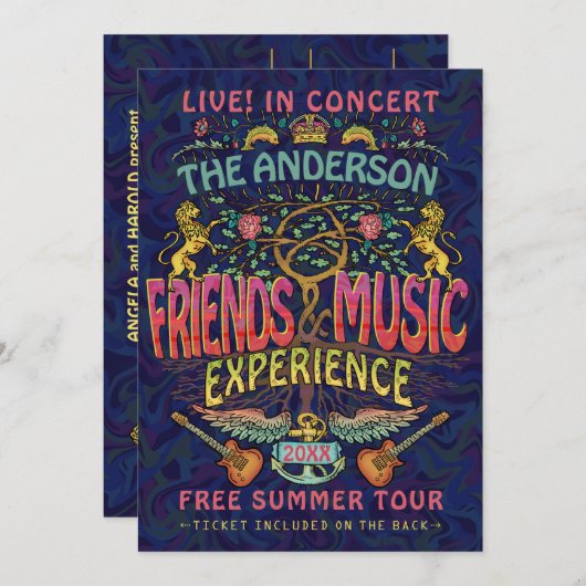 Freunde Musikband Retro 70er Konzert Ticket Thema Einladung (Vorne/Hinten)