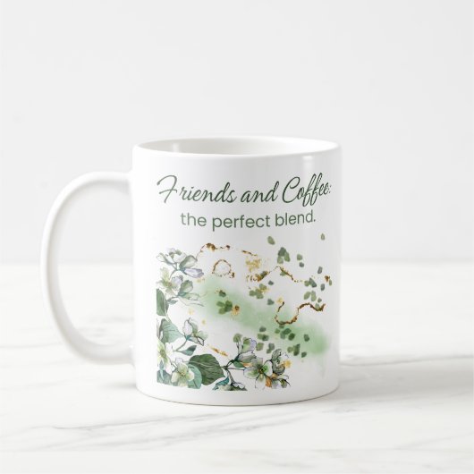 "Freunde und Kaffee" grüne Aquarellfarben-Blume Kaffeetasse (Links)