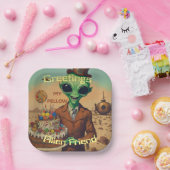 Freundliche Alien mit Geburtstagskuchen Pappteller (Party)