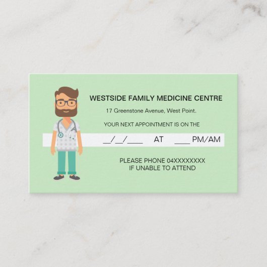 Freundliche Ärztin Personalausweis Grün Terminkarte (Vorderseite)