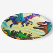 Freundliche Begegnung - Drache und Dinosaurier Pappteller (Schrägansicht)