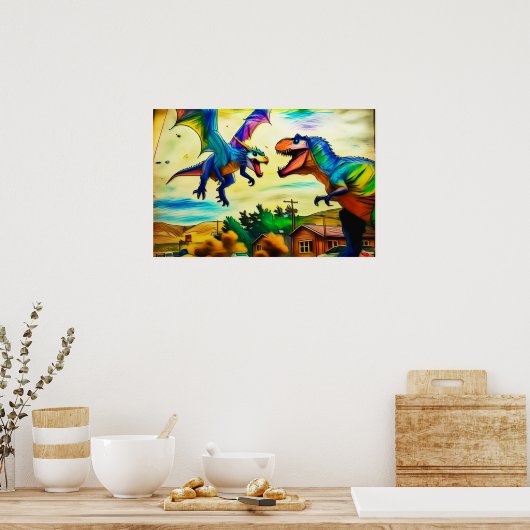 Freundliche Begegnung - Drache und Dinosaurier Poster (Küche)