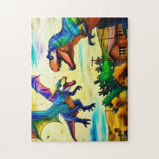 Freundliche Begegnung - Drache und Dinosaurier Puzzle (Vertikal)