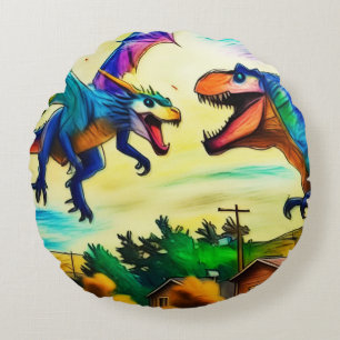 Freundliche Begegnung - Drache und Dinosaurier Rundes Kissen