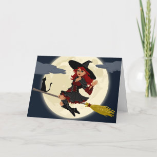 Freundliche Halloween Hexe auf Besen und schwarzer Karte
