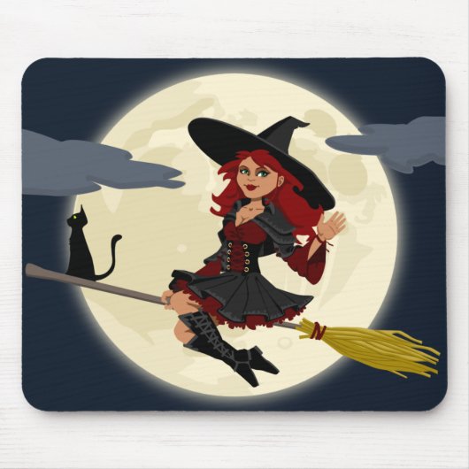 Freundliche Halloween Hexe auf Besen und schwarzer Mousepad (Vorne)
