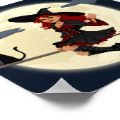 Freundliche Halloween Hexe auf Besen und schwarzer Poster (Ecke)