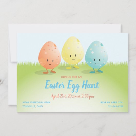 Freundliche Osterei-Jagd-horizontaler Cartoon Einladung (Vorderseite)