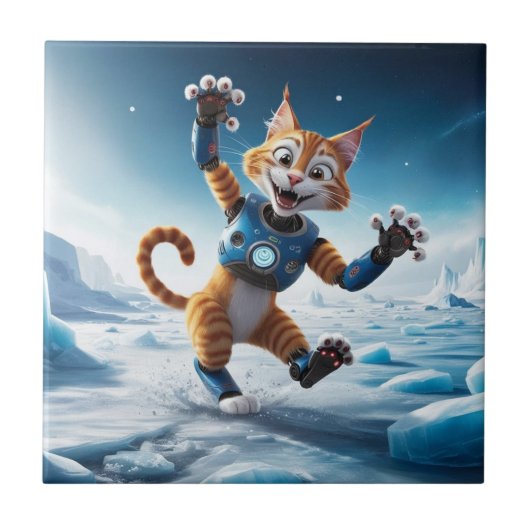 Freundliche Roboterkatze auf einem anderen eisigen Fliese (Vorderseite)