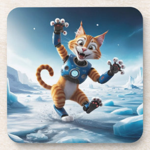 Freundliche Roboterkatze auf einem anderen eisigen Getränkeuntersetzer