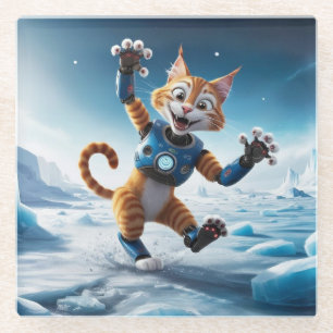 Freundliche Roboterkatze auf einem anderen eisigen Glasuntersetzer