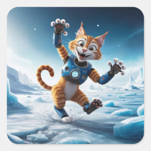 Freundliche Roboterkatze auf einem anderen eisigen Quadratischer Aufkleber