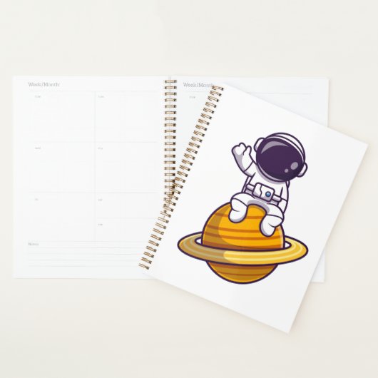 Freundlicher Astronaut, der vom Planeten abwindet Planer (Anzeige)