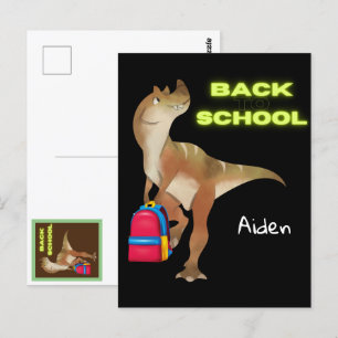 Freundlicher Dinosaurier mit Rucksack "Zurück zur Postkarte