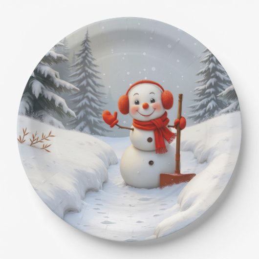 Freundlicher Schneemann mit einer roten Schaufel Pappteller (Vorderseite)