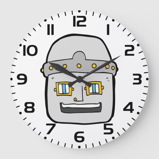 Freundlicher silberner Roboter-Kopf Große Wanduhr (Vorderseite)