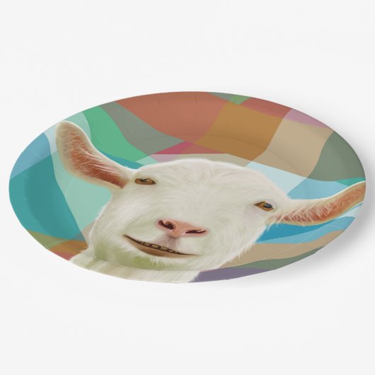 Freundlicher weißer Ziegenboden - farbenfroher geo Pappteller (Schrägansicht)