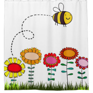 Freundliches Bienen-Fliegen über den Blumen auf Duschvorhang