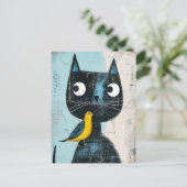Freundliches Comic Schwarze Katze mit Gelbvogel Postkarte (Stehend Vorderseite)