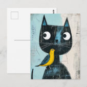 Freundliches Comic Schwarze Katze mit Gelbvogel Postkarte (Vorne/Hinten)