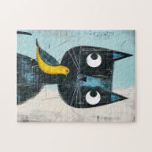 Freundliches Comic Schwarze Katze mit Gelbvogel Puzzle (Horizontal)