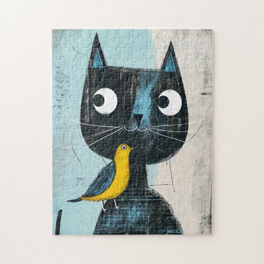 Freundliches Comic Schwarze Katze mit Gelbvogel Puzzle (Vertikal)