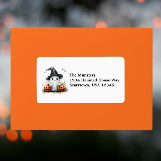 Freundliches Ghost Black Witch's Hat & Bats Hallow Adressaufkleber