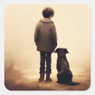 Freundschaft, Junge und sein Hund Quadratischer Aufkleber