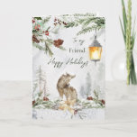 Freundschaft Winter Woodland Scene Wolf Grußkarte Karte<br><div class="desc">Eine wunderbare Winter-Karte für Ihren Freund. Dieses Design zeigt eine Aquarellbilder einer winterlichen Waldlandschaft mit Wolf. Sie können diese Karte für jeden Winterurlaub benutzen,  nur um zu sagen,  denken Sie an Sie oder danke</div>