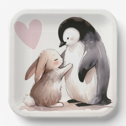 Freundschaft zwischen Bunny und Penguin Pappteller (Vorderseite)