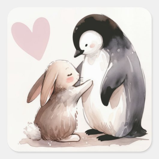 Freundschaft zwischen Bunny und Penguin Quadratischer Aufkleber (Vorderseite)