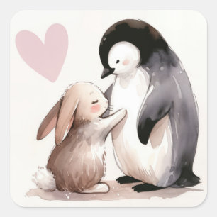 Freundschaft zwischen Bunny und Penguin Quadratischer Aufkleber