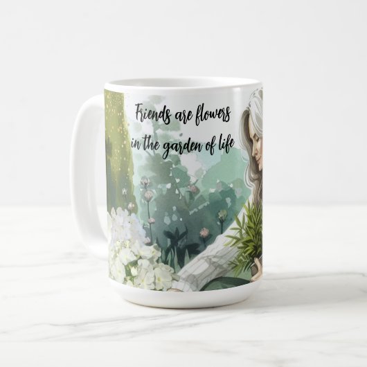 Freundschaftsbotschaft für Frauen im Blumengarten Kaffeetasse (Vorderseite Links)