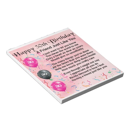 Freundschaftsgedicht - 30. Geburtstag Notizblock (angewinkelt)