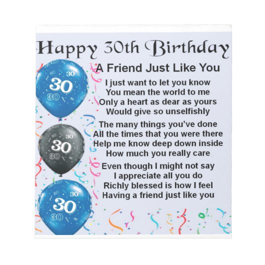Freundschaftsgedicht - 30. Geburtstag Notizblock (Vorderseite)