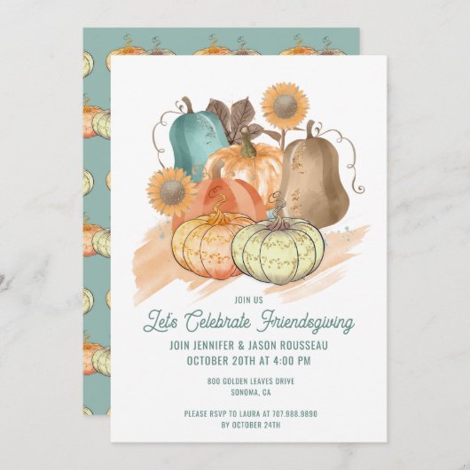 Freundschaftspflegende Wasserfarbenkürbis Einladun Einladung (Vorne/Hinten)