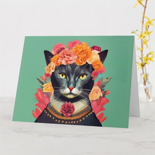 Frida, die Cat Wall Clock Karte (Gelbe Blume)