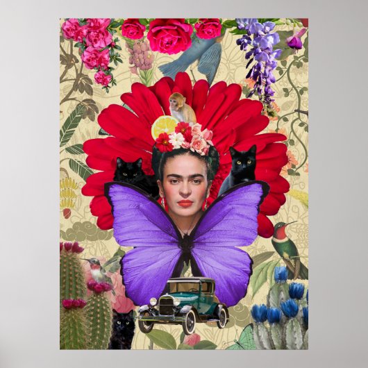 Frida Kahlo Cat Monkey Farbenfrohe BlumenCollage Poster (Vorne)