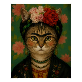 Frida Kahlo Katzenporträt Florale Kunst Druck 