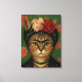 Frida Kahlo Katzenporträt Florale Kunst Druck  Leinwanddruck