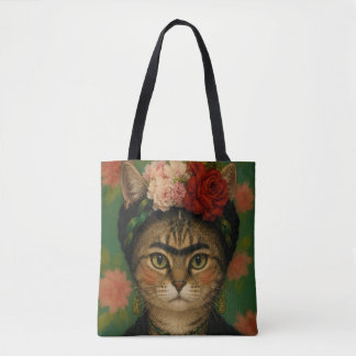 Frida Kahlo Katzenporträt Florale Kunst Druck Tasche