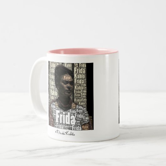 Frida Kahlo Lettering Portrait Zweifarbige Tasse (Vorderseite Links)
