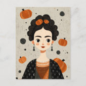 Frida Kahlo mit Pumpkins Spooky Niedlich Halloween Postkarte (Vorderseite)