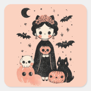 Frida Kahlo Pink Pasteloween Spooky Niedlich Hallo Quadratischer Aufkleber