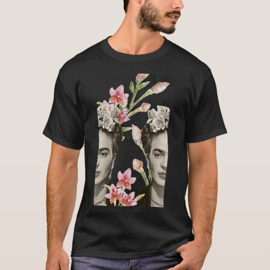 Frida Kahlo print, Blume, Farbe, Schwarz und Weiß T-Shirt (Vorderseite)